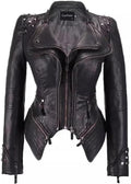 Women Lapel Rivets Decorated Waist Short Washed PU Leather Jacket