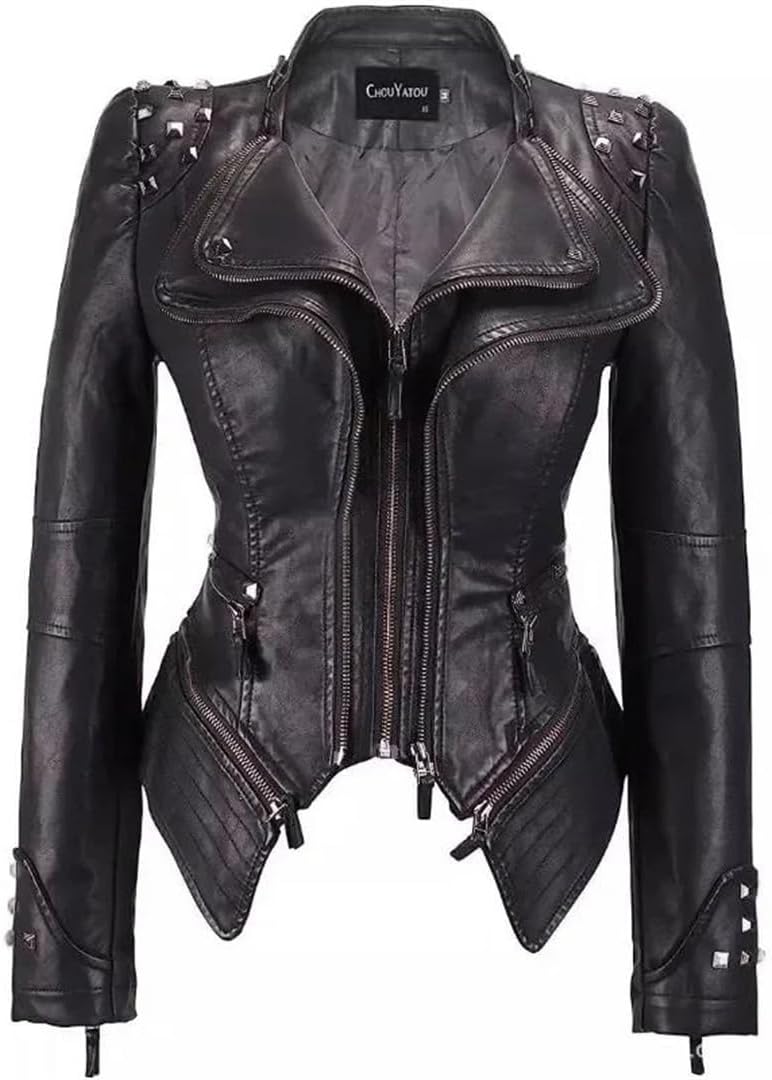 Women Lapel Rivets Decorated Waist Short Washed PU Leather Jacket