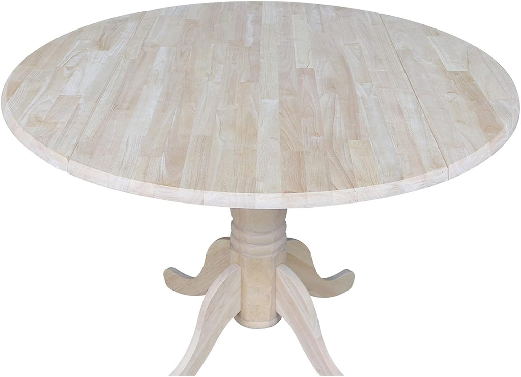 IC International Concepts, Round Dual Drop Leaf Pedestal Dining Table, Solid Real Wood, Sturdy Parawood, Dimensions 42'D x 42'W x 29.5'H, 40lbs Capacity, Paint/Stain Ready, Unfinished