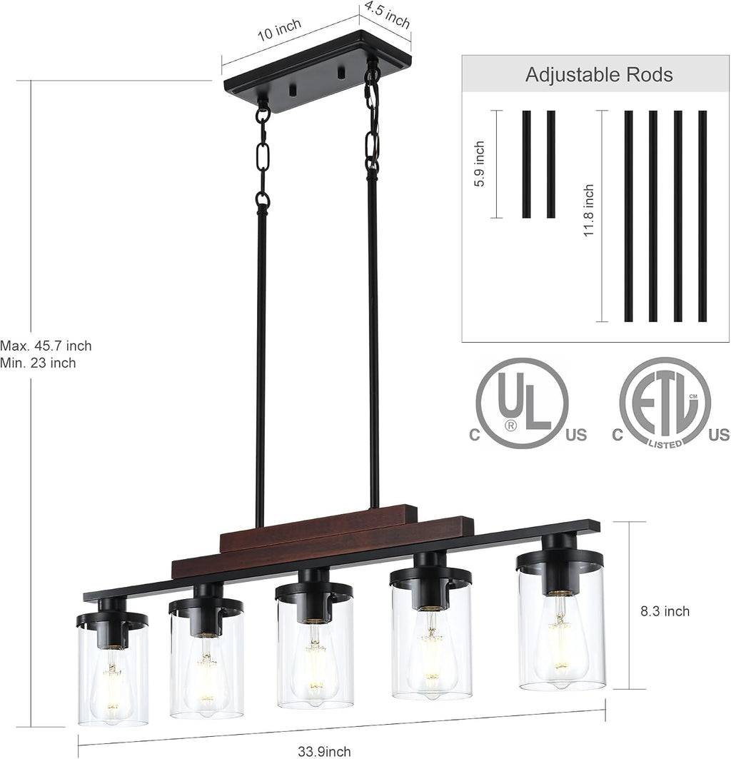 Dining Room Light Fixture/Chandelier Over Table,5-Light Kitchen Island Lighting Hanging for Farmhouse Linear Chandeliers Matte Black Rustic Wood Ceiling Pendant Light Fixtures with Clear Glass Shade