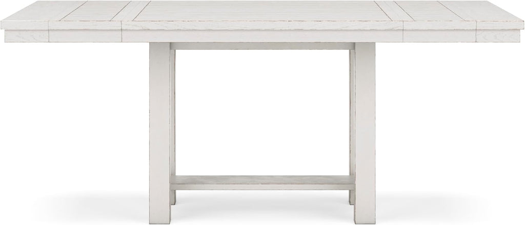 Signature Design by Ashley Robbinsdale Farmhouse Distressed Counter Height Dining Extension Table with Trestle Base, Planked Effect and 2 Removable End Leaves, White