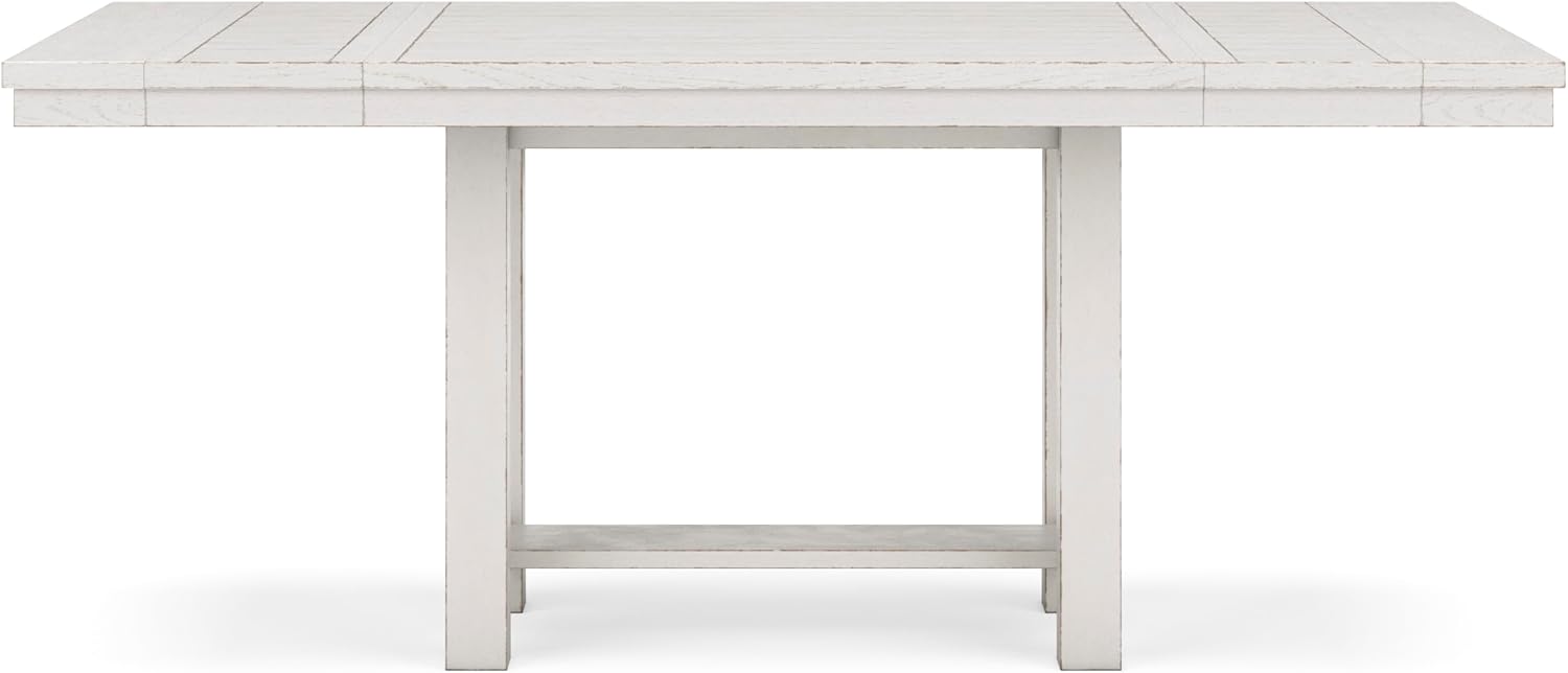 Signature Design by Ashley Robbinsdale Farmhouse Distressed Counter Height Dining Extension Table with Trestle Base, Planked Effect and 2 Removable End Leaves, White