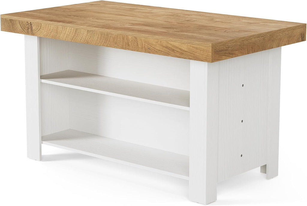 LITTLE TREE 55 Inches Kitchen Island with Storage, 3-Tier Farmhouse Stationary Island Table with Large Worktop & Leg Room, Modern Coffee Bar Table with Storage Shelf for Kitchen, Oak & White