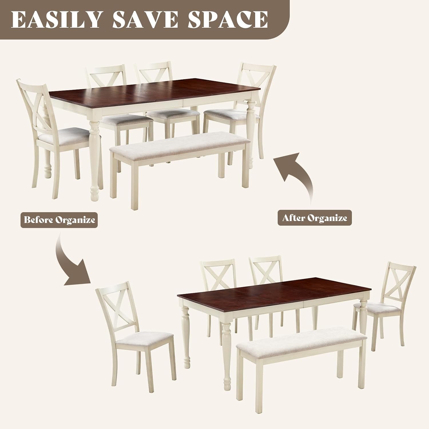 LUXOAK 6-Piece Solid Wood Dining Table Set, 71' Farmhouse Kitchen Table with 4 Upholstered Chairs and Bench, Large Dining Room & Kitchen Furniture Set, Cream White