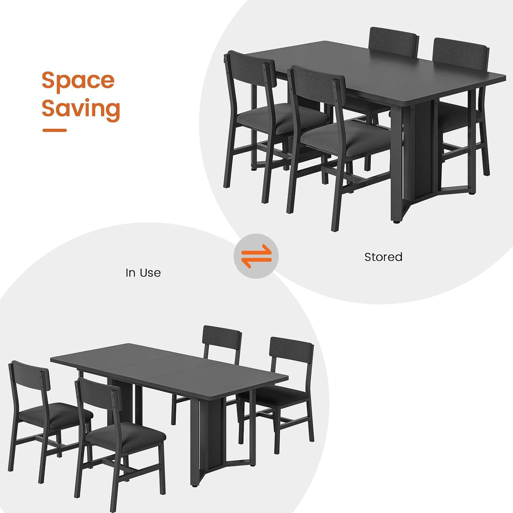 Itaar 5-Piece Dining Table Set for 4-6 People, 63' Extendable Kitchen Table and 4 Cushion Chairs, Dining Room Table with MDF Board & Metal Frame for Small Space, Easy Clean, Black