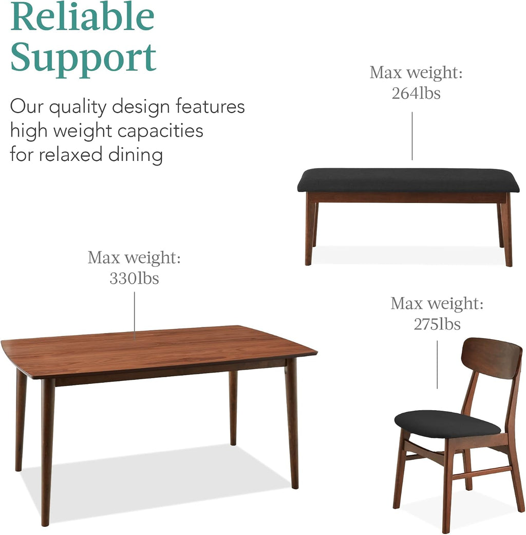 Best Choice Products 6-Piece Wooden Dining Set, Mid-Century Modern Table & Upholstered Chair Set w/Bench Seat, Rubberwood Legs - Walnut/Charcoal