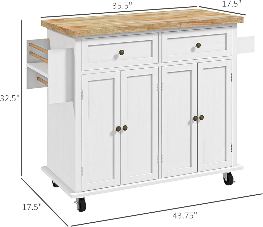 HOMCOM Kitchen Island Cart with Solid Wood Top, 44' Mobile Kitchen Island Table on Wheels with Storage Cabinets, 2 Drawers, Adjustable Shelves, Spice Rack & Towel Bar for Dining Room, Distressed White