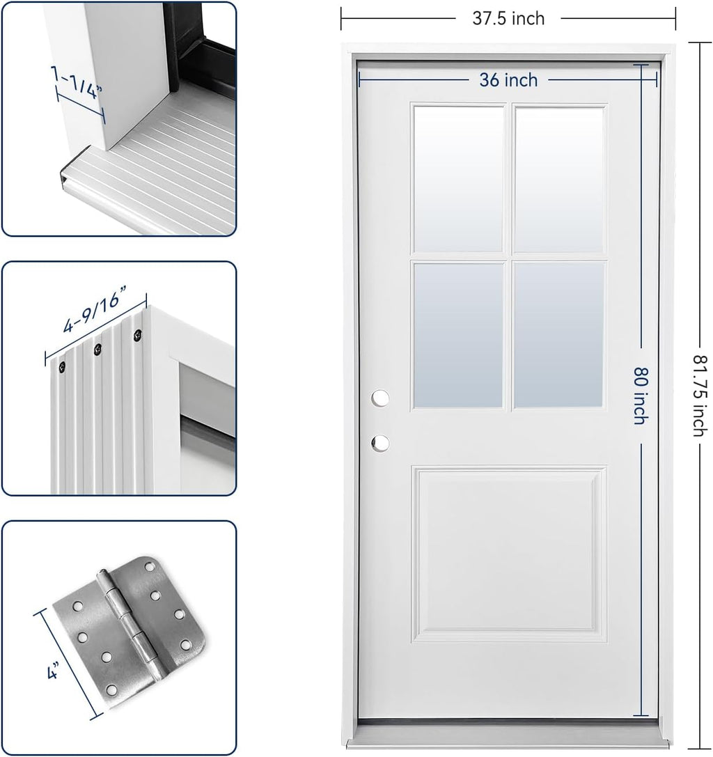Fiberglass Prehung Door Unit, 36'x80' 4 Lite White, Right Hand Inswing | Sturdy, LVL Stiles, Soundproof, Thermal Insulated, Weather Resistant, Energy Efficient, Clear Glass