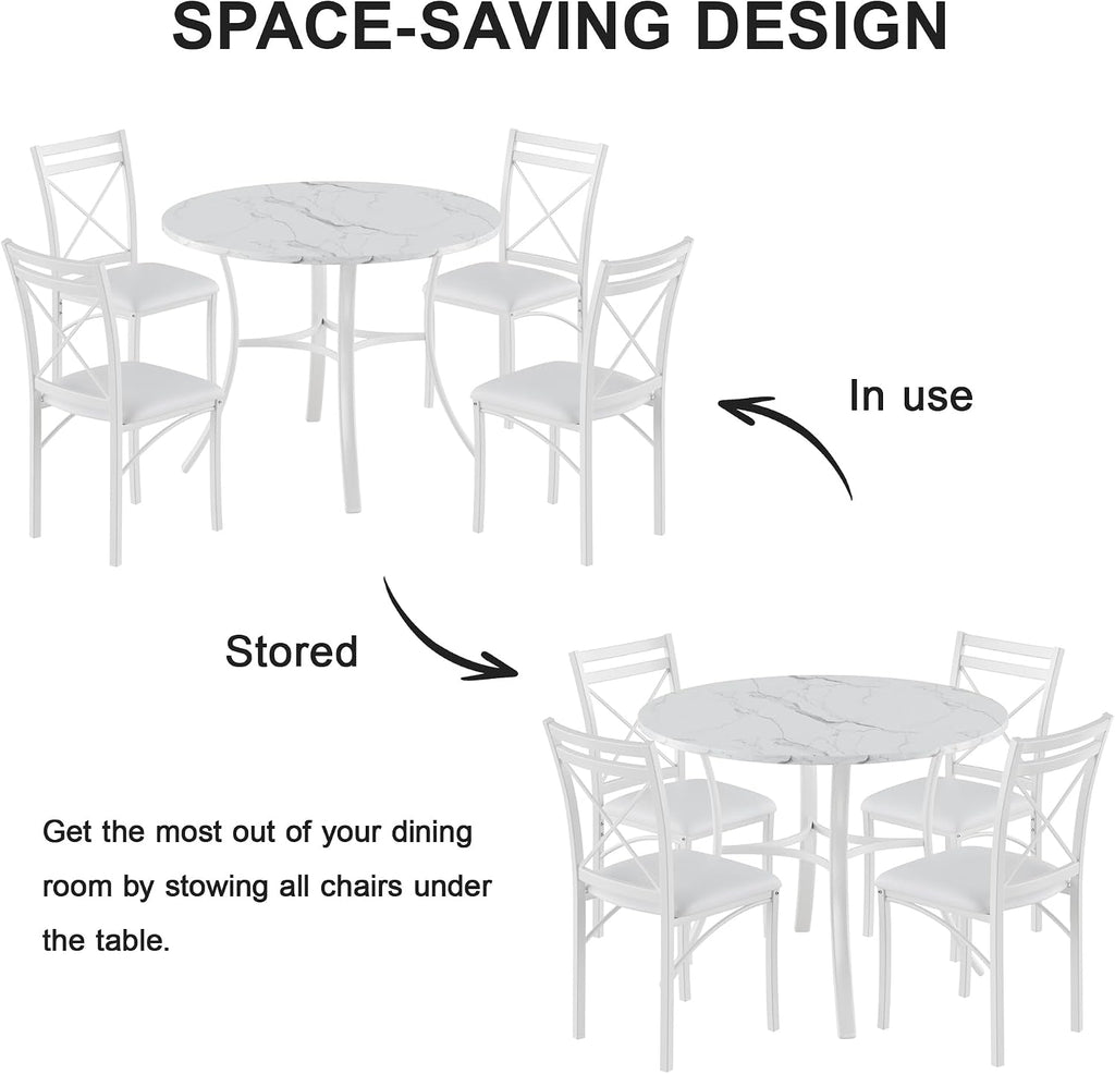 VECELO 5 Piece Dining Table Set for 4 with Chairs, Faux Marble Tabletop, Small Space, Kitchen, Breakfast Nook, White