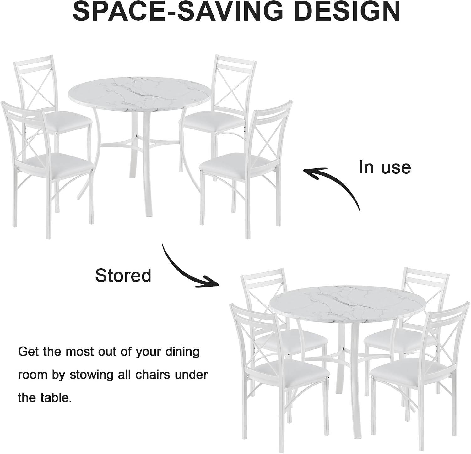 VECELO 5 Piece Dining Table Set for 4 with Chairs, Faux Marble Tabletop, Small Space, Kitchen, Breakfast Nook, White