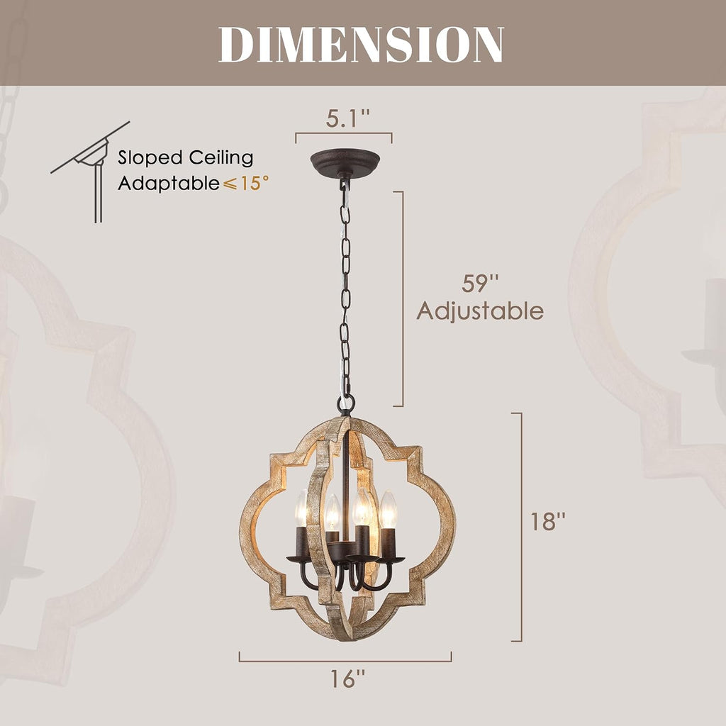 16 Inch Farmhouse Chandelier for Dining Room French Country Light Fixtures Over Table 4-Light Rustic Orb Wood Chandelier for Kitchen Hallway Foyer Entryway Bedroom