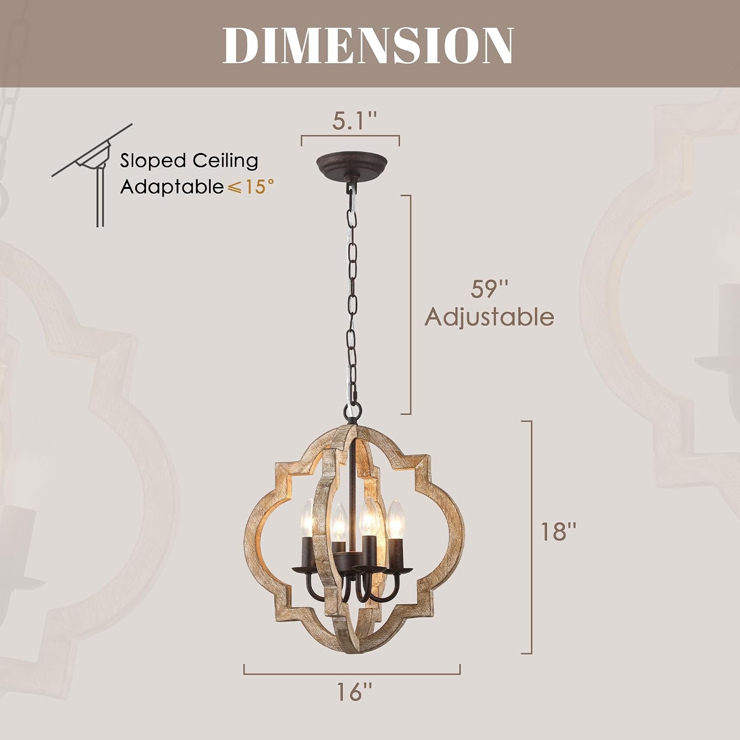 16 Inch Farmhouse Chandelier for Dining Room French Country Light Fixtures Over Table 4-Light Rustic Orb Wood Chandelier for Kitchen Hallway Foyer Entryway Bedroom