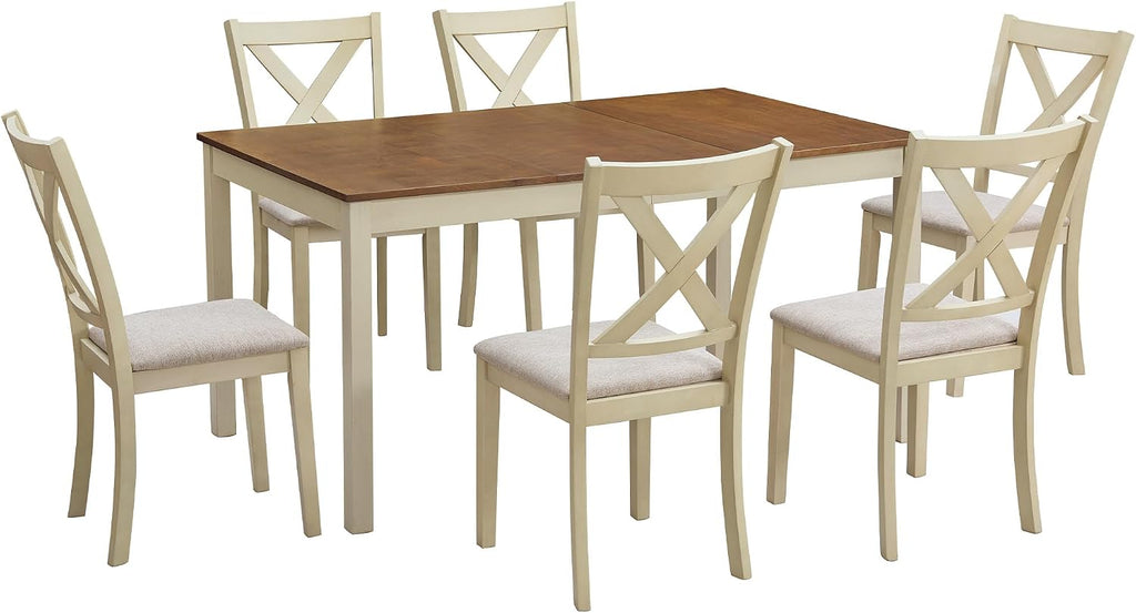 AMERLIFE 7-Piece Farmhouse Solid Wood Dining Table Set with 6 Upholstered Chairs, 60' Space Saving Dinner Table & Chairs Set, for Dining Room, Kitchen, Restaurant, Rustic Cream