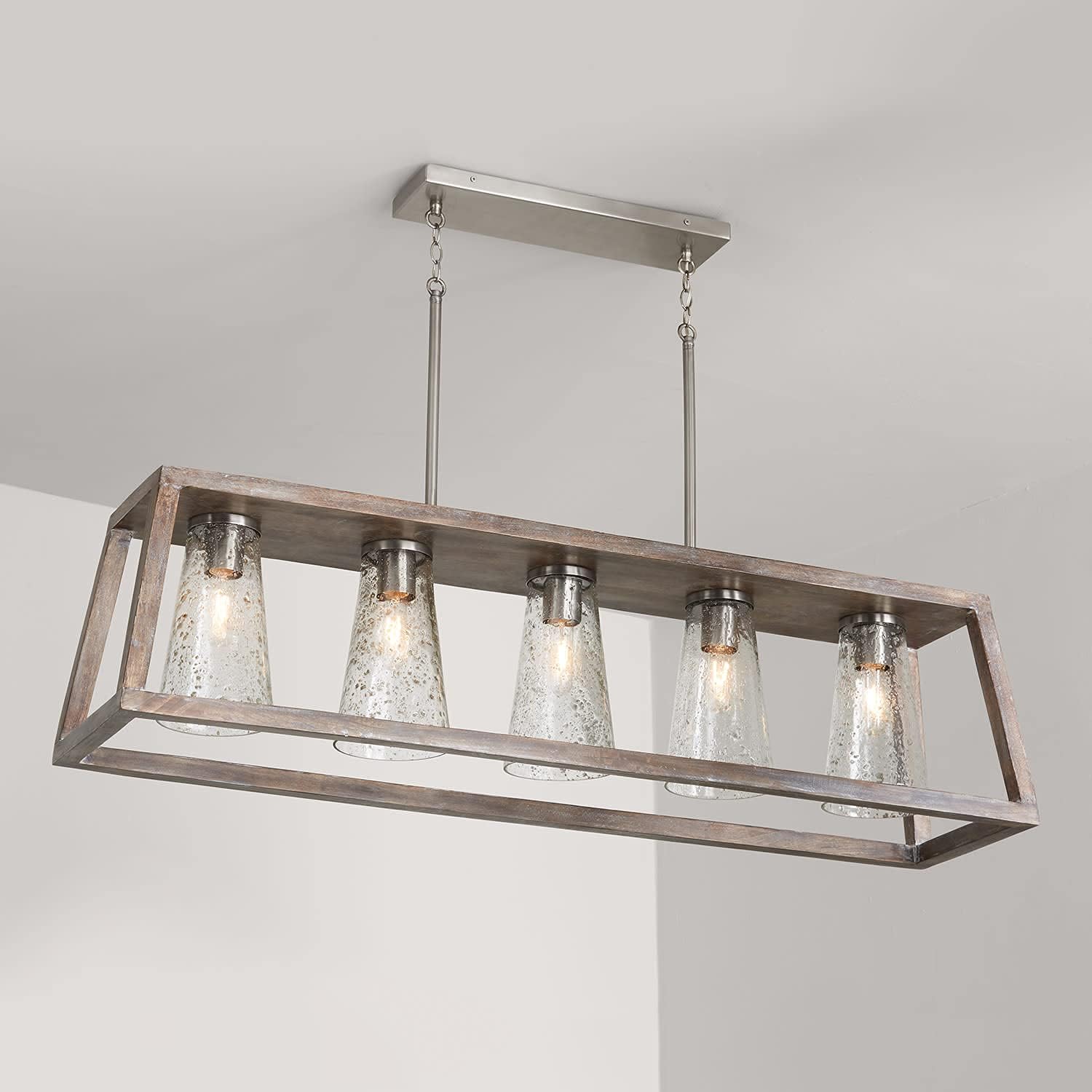 Capital Lighting 840551HN-504 Connor Unique Mango Wood & Glass Seeding Island Chandelier/Linear Pendant, 5-Light 300 Total Watts, 14' H x 50' W, Black Wash/Matte Nickel