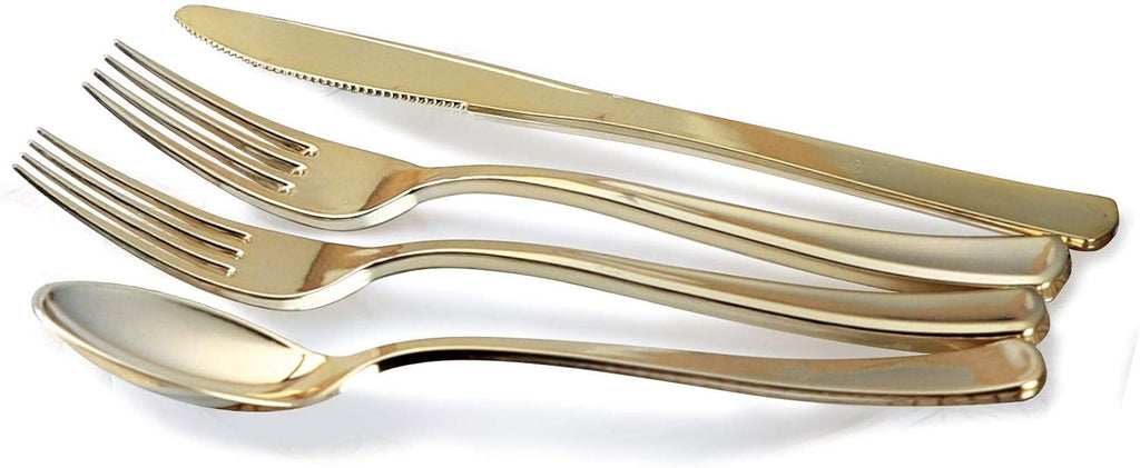' OCCASIONS ' 640pcs set (80 Guests)-Heavyweight Wedding Party Disposable Plastic Plate Set -80 x 10.5'' + 80 x 7.5'' + Silverware + Cups + Napkins (Odyssey White/Blue & Gold Rim)