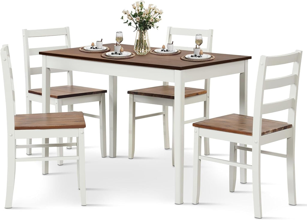 COSTWAY Dining Table Set for 4, Wood Kitchen Table Chairs Set with Rubber Wood Legs, Space-Saving Design, Modern 5-Piece Dinette Set for Small Place, Kitchen, Dining Room, Restaurant, Brown
