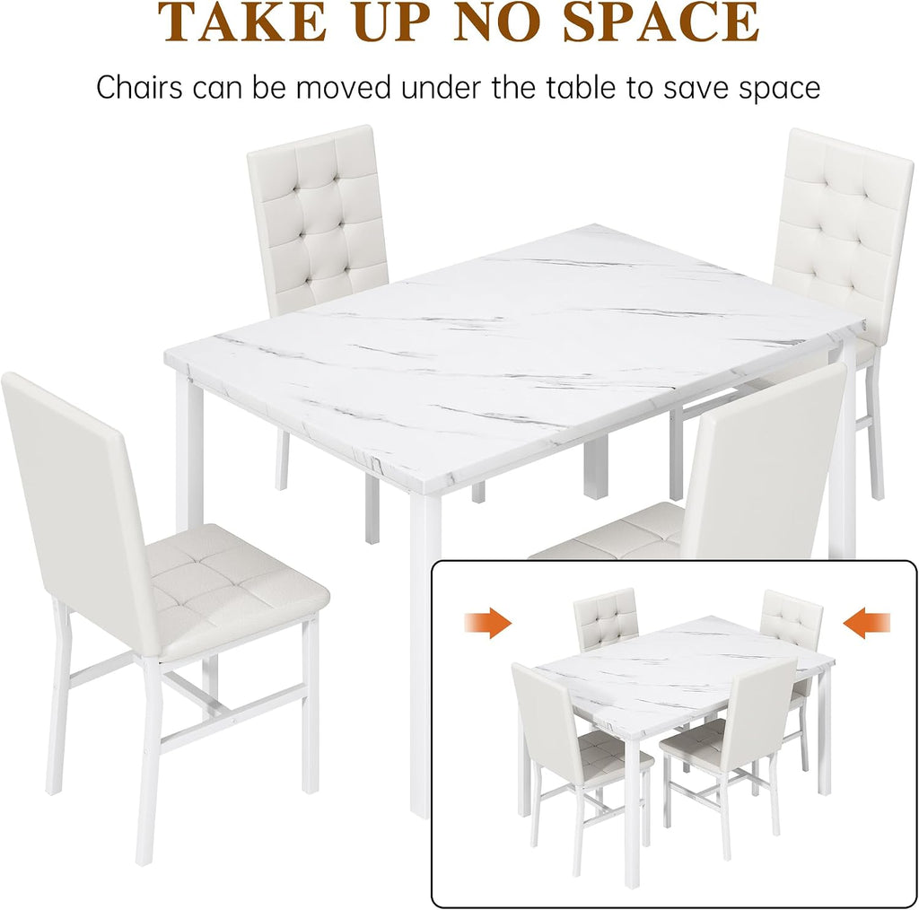 AWQM Dining Table Set for 4,Faux Marble Kitchen Table and Chairs Set of 4, Modern Dining Room Table Set for 4,Dinner Table with 4 Leather Chairs, Dinette Set for Small Spaces,White