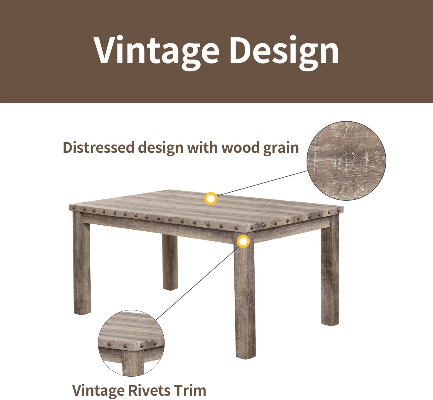 Morden Fort Farmhouse Rectangular Wooden Dining Table, Rustic 60' Kitchen & Dining Room Table with Woodgrain Tabletop, Rivet Accents & Solid Wood Legs