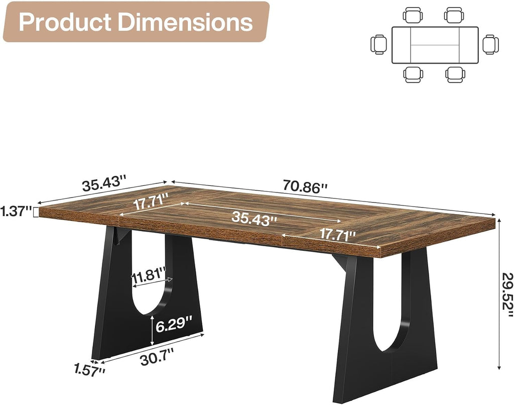 Tribesigns Large Dining Table for 6-8 People, 70.9-Inch Wood Rustic Rectangular Table with Black Wooden Legs, Farmhouse Center Kitchen Table for Dining Room, Living Room, Home Furniture (Dark Brown)