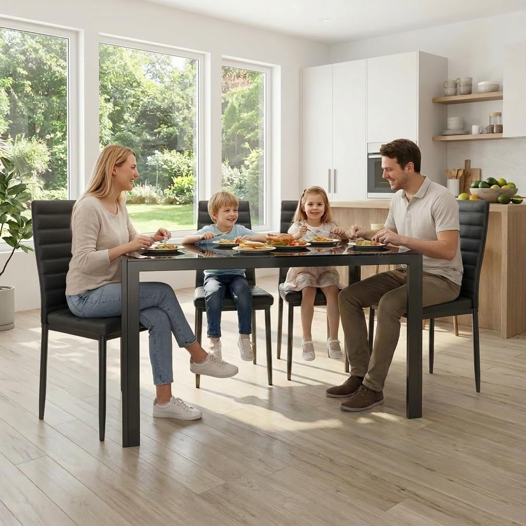 Gizoon 5 Piece Glass Dining Table Set, Kitchen and Chairs for 4, PU Leather Modern Room Sets for Home, Kitchen, Living Room