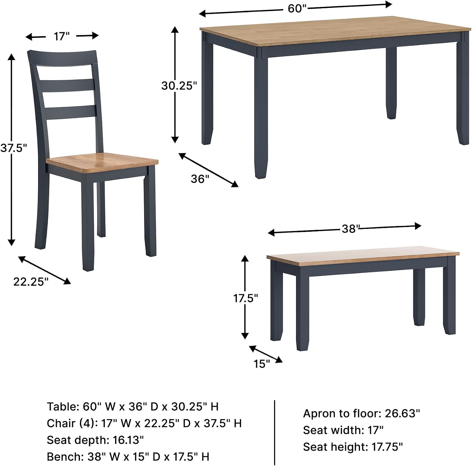 Signature Design by Ashley Gesthaven Casual Dining Room Table Set with 4 Chairs and Bench, Set of 6, Mango Wood, 30.25' Table Height, Blue & Light Brown