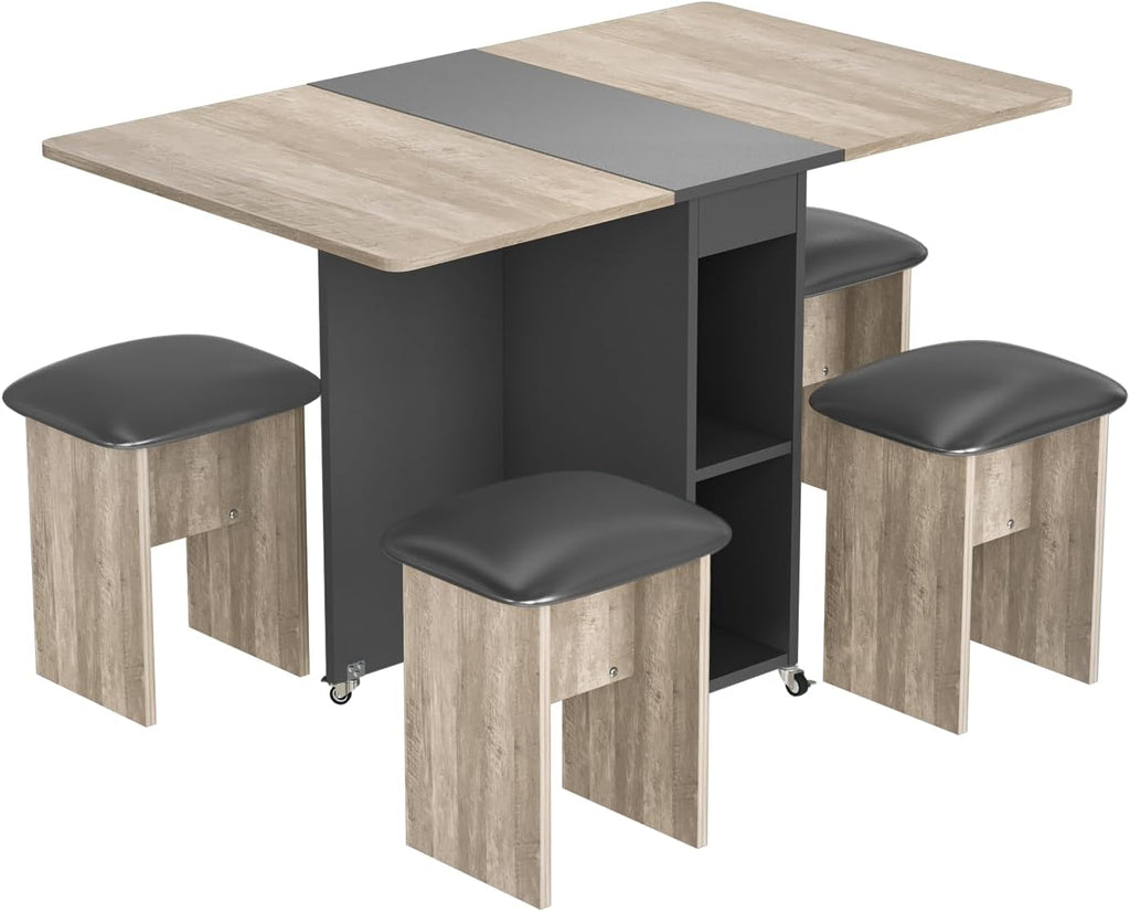 AWQM Foldable Dining Table Set for 4,Folding Dining Table with 4 Leather Chairs & Storage,Drop Leaf Dinner Table with 6 Wheels,Folding Kitchen Table and Chairs Set for Small Spaces,Grey