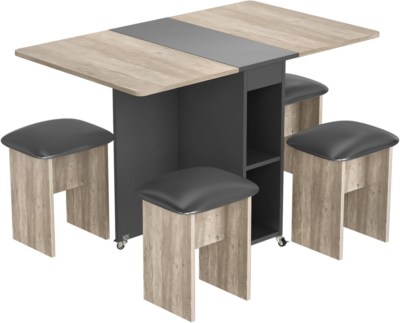 AWQM Foldable Dining Table Set for 4,Folding Dining Table with 4 Leather Chairs & Storage,Drop Leaf Dinner Table with 6 Wheels,Folding Kitchen Table and Chairs Set for Small Spaces,Grey