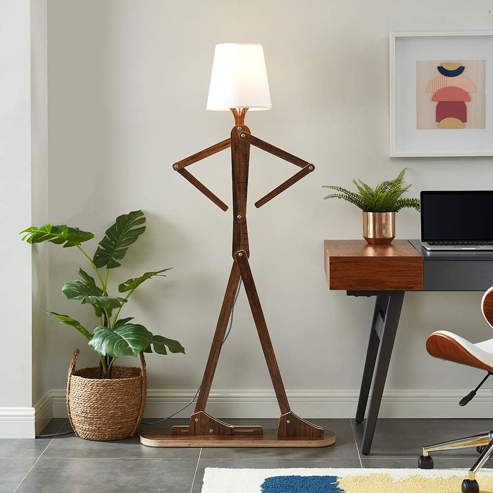 Cool Decorative Tall Floor Lamp Wood Swing Arm Standing Corner Reading Lights for Kids Bedroom Living Room Farmhouse - LED Bulb Included (Teak)