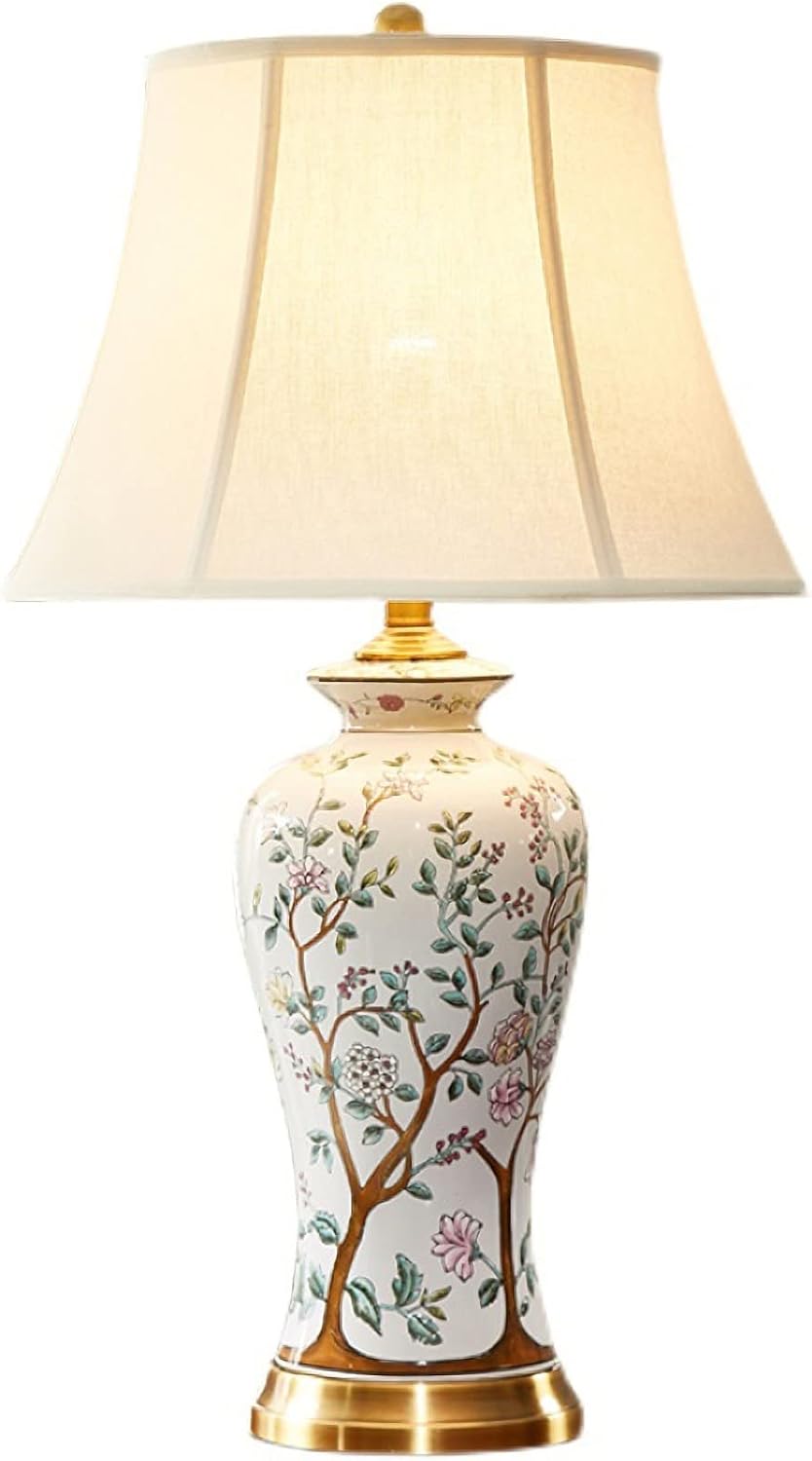 Twig Ceramic Table Lamp, Rustic Vintage White 27.5' Tall Coastal Bedside lamp, Ceramic Lamp Body with Fabric Tapered Drum Shade for Living Room Bedroom House Bedside Nightstand Home