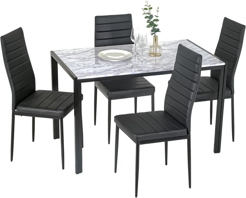 PayLessHere Dining Table and Chairs Set, Modern Rectangular Marble Table top with 4 Chairs PU Leather for Dining Room and Kitchen, White Marble