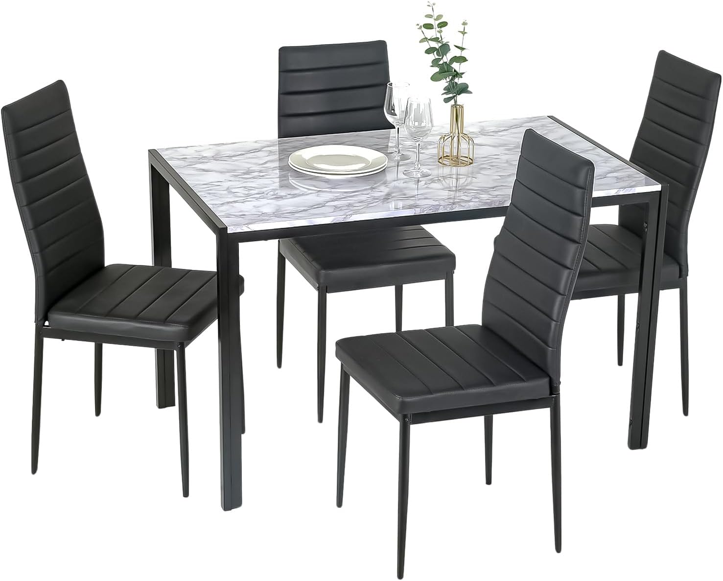 PayLessHere Dining Table and Chairs Set, Modern Rectangular Marble Table top with 4 Chairs PU Leather for Dining Room and Kitchen, White Marble