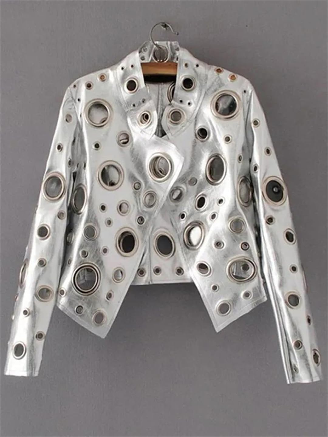 Women Spring Short Golden Rivet Stand Collar Hollow Faux Leather Jacket
