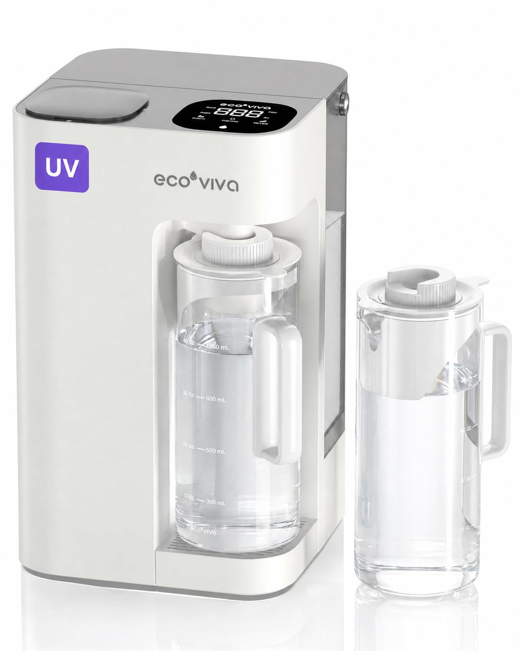 Ecoviva Mate 3 UV Countertop Reverse Osmosis Water Filter with 2 Auto-Fill Pitchers, 9-Stage RO Filtration System, Installation-Free, Reduces TDS, 3:1 Pure-to-Drain Ratio, Home & Kitchen, White
