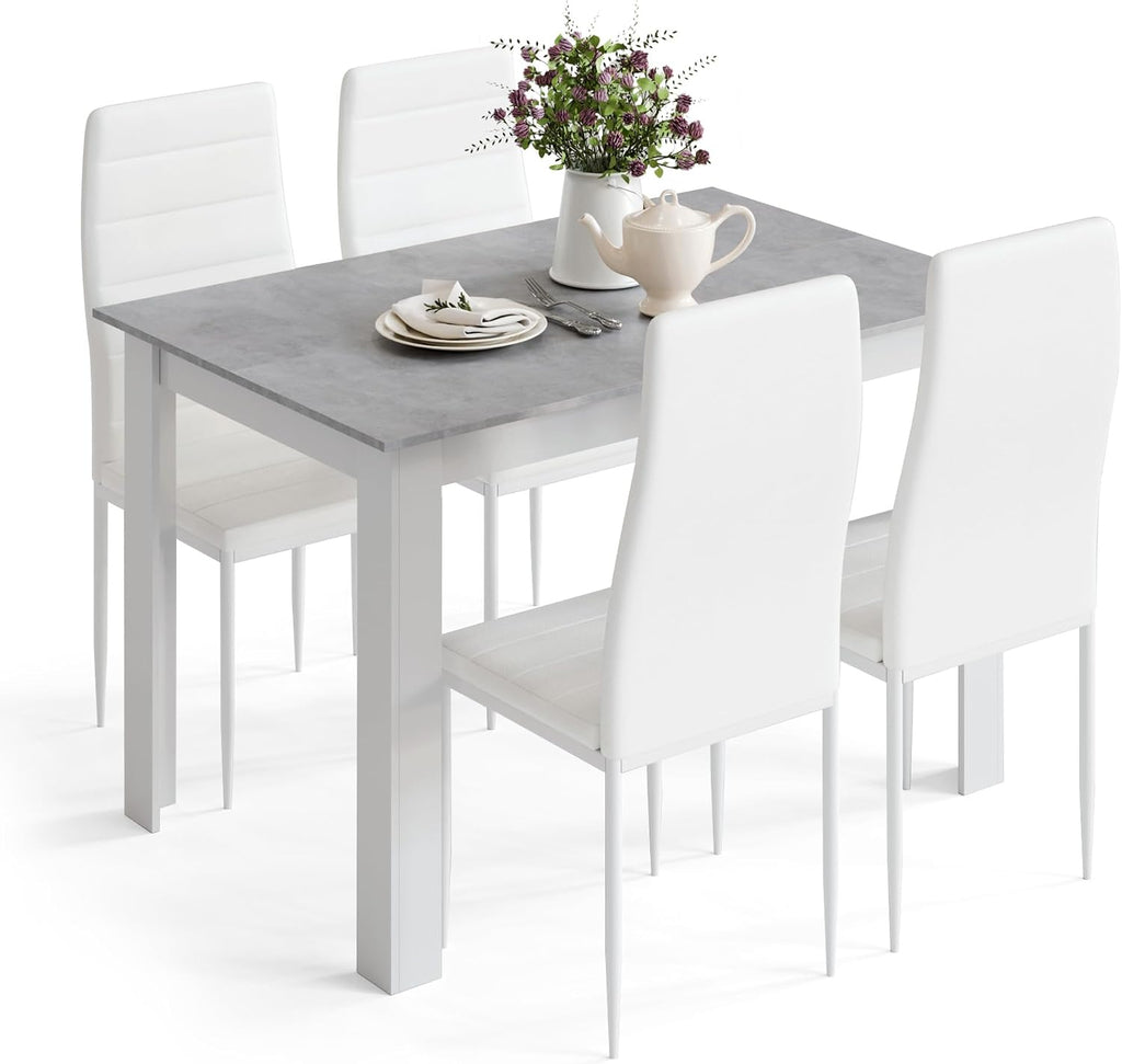 Mondeer Dining Table Set for 4, Kitchen Table Chairs with High Back Faux Leather, Space-Saving Dining Room and Home Office Set, 47.2 x 35.4 x 29.5'' (Grey Table and White Chairs)