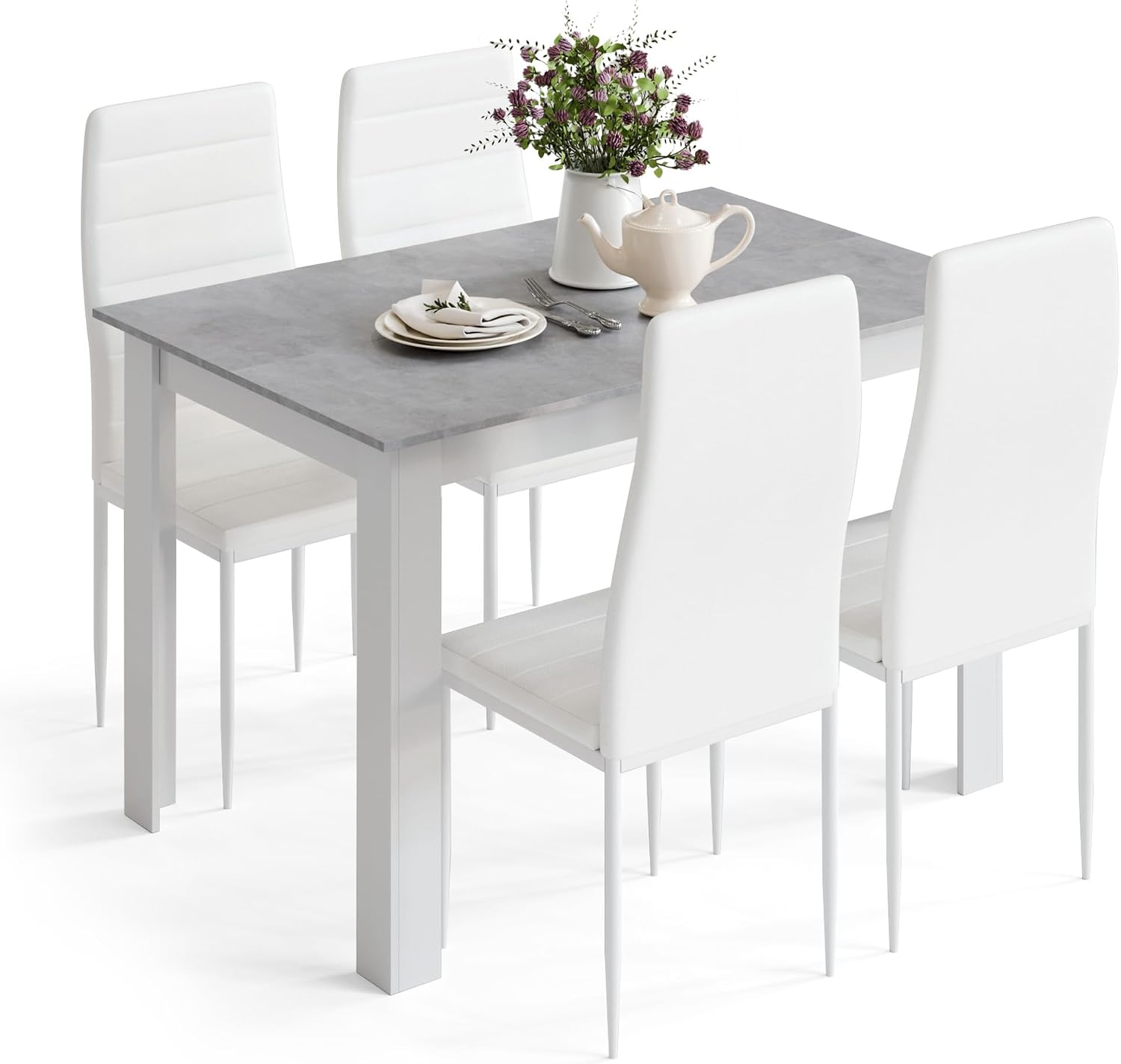 Mondeer Dining Table Set for 4, Kitchen Table Chairs with High Back Faux Leather, Space-Saving Dining Room and Home Office Set, 47.2 x 35.4 x 29.5'' (Grey Table and White Chairs)