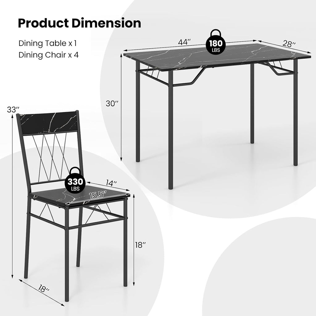 Giantex Dining Table Set for 4, 5-Piece Breakfast Nook with Kitchen Table, 4 Dining Chairs, Metal Frame, Space-Saving Dinette Table Set for 4, Small Place, Kitchen Table Chairs Set of 4 (Marble Black)