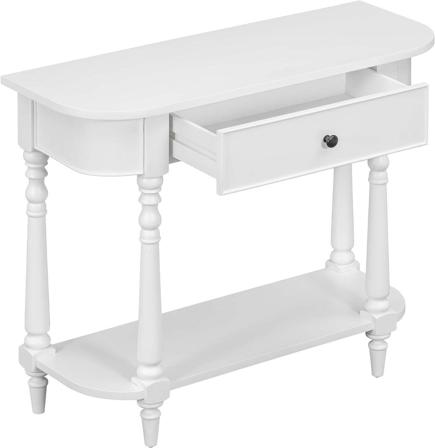 LKTART Solid Wood Corner-Curved Console Table,Farmhouse Space-Saving Entryway Sofa Table with Drawer & Open Shelf for Living Room,Hallway,Foyer(White 36')