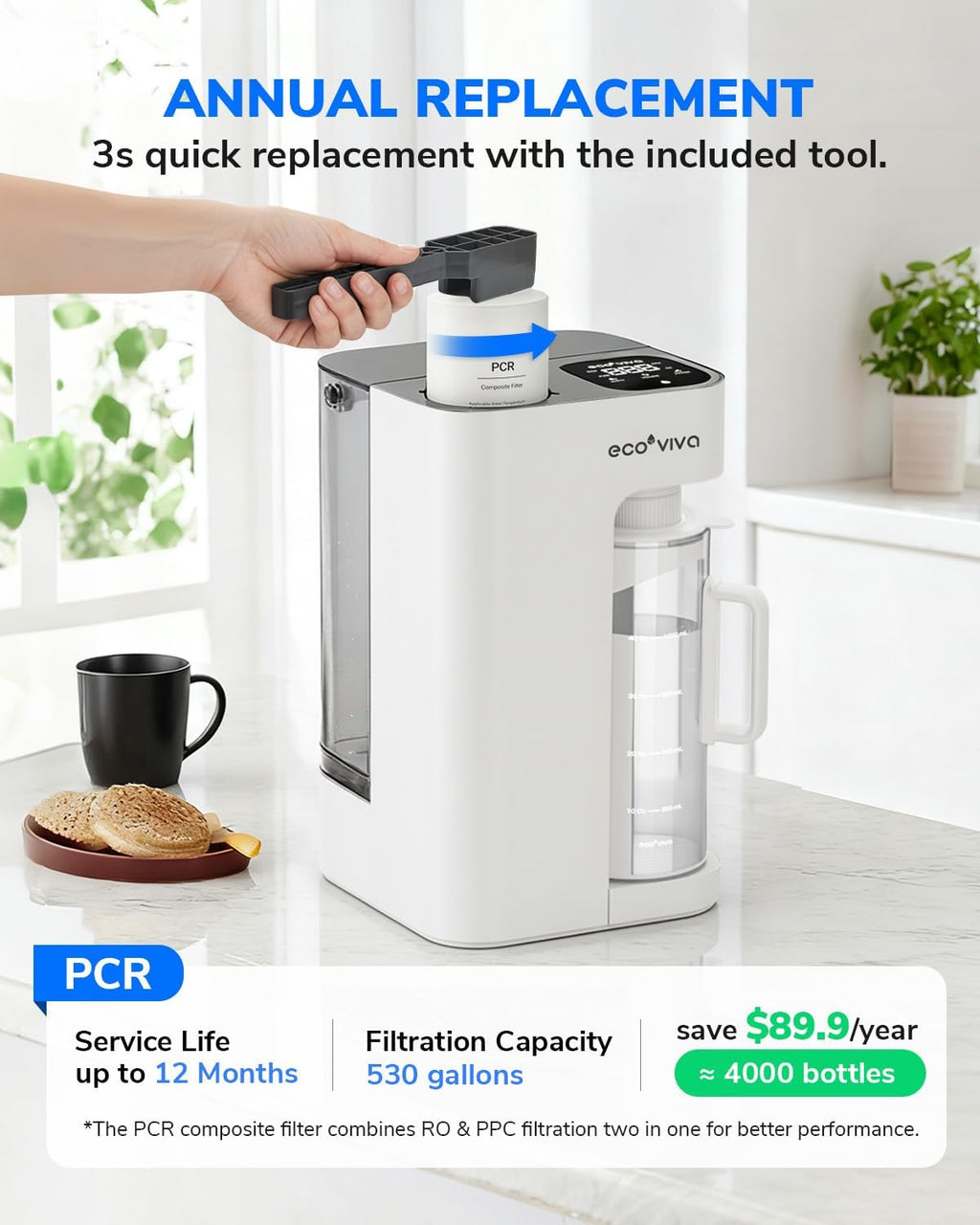Ecoviva Mate 3 UV Countertop Reverse Osmosis Water Filter with 2 Auto-Fill Pitchers, 9-Stage RO Filtration System, Installation-Free, Reduces TDS, 3:1 Pure-to-Drain Ratio, Home & Kitchen, White