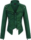 Women Lapel Rivets Decorated Waist Short Washed PU Leather Jacket