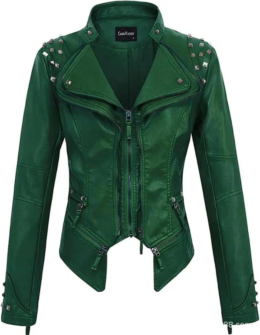 Women Lapel Rivets Decorated Waist Short Washed PU Leather Jacket