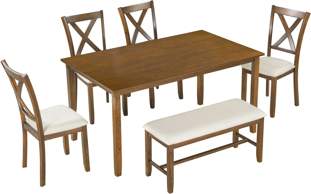 Merax Solid Wood Dining Table Set with Bench for 6, 6 Piece Rectangular Kitchen Table Set with 4 Upholstered Chairs and Bench for Room Dining Room - Natural Cherry+Beige