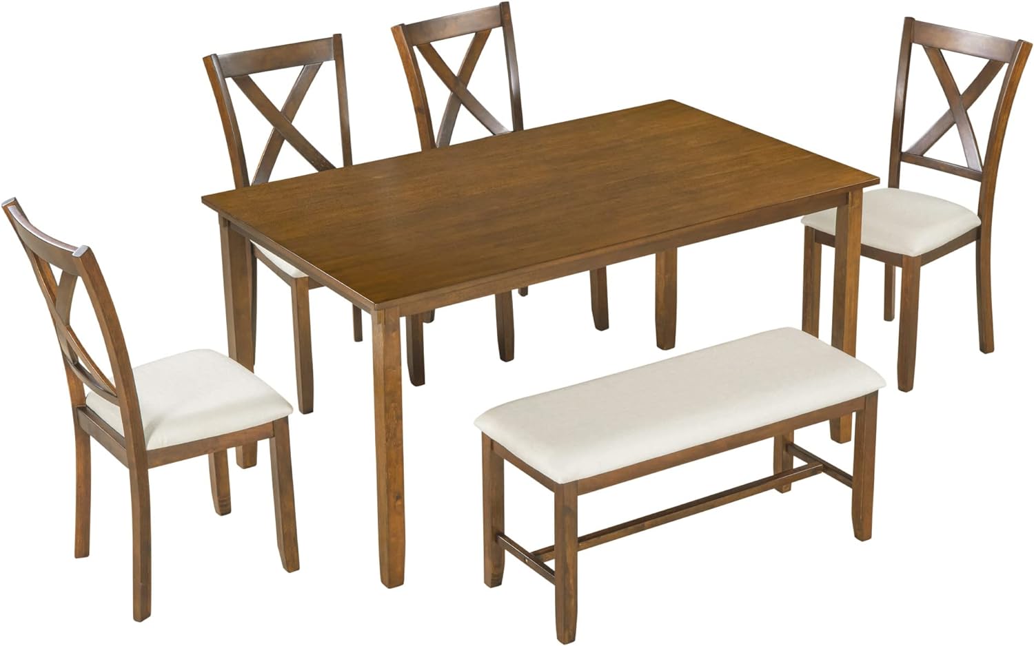 Merax Solid Wood Dining Table Set with Bench for 6, 6 Piece Rectangular Kitchen Table Set with 4 Upholstered Chairs and Bench for Room Dining Room - Natural Cherry+Beige
