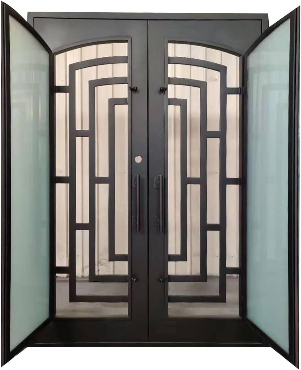Belton Model Exterior Double Front Entry Door Wrought Iron with Fixed Tempered Lowe E Glass Inside Swing Dark Bronze Finish (Dark Bronze, 40 by 100 Single (Hinge On Left))