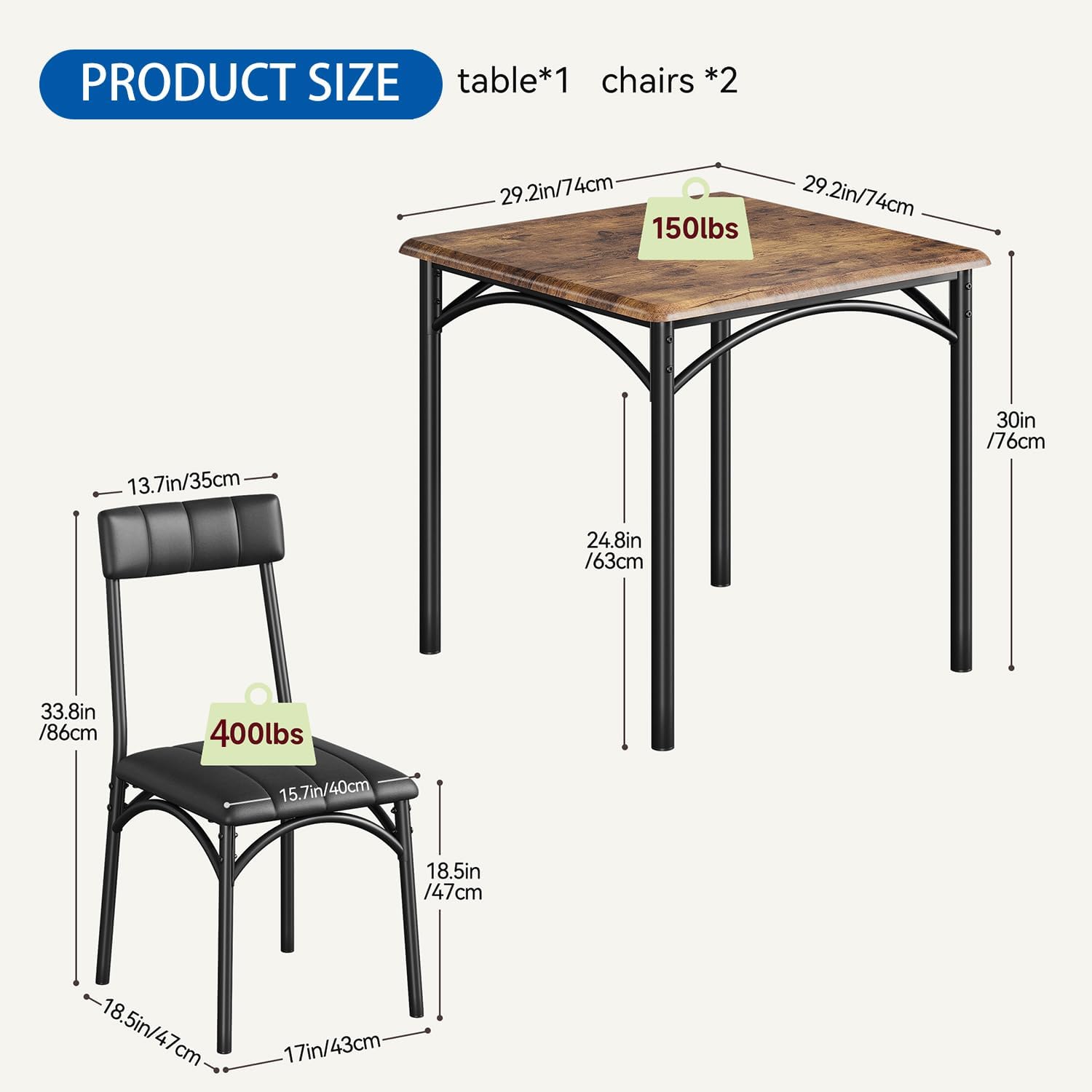 IDEALHOUSE Dining Table Set for 2, Kitchen Table and Chairs for 2 with Upholstered Chairs, 3 Piece Square Kitchen Table Set, Dining Room Table Set for Small Space, Apartment, Retro Brown
