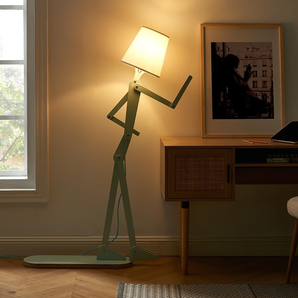 Unique Mini Wood Floor Lamp for Living Room Bedroom Office Farmhouse - Cute Corner Decorative Reading Standing Light Creative Swing Arm Arc Design Gift for Kids Room (Green Mini)