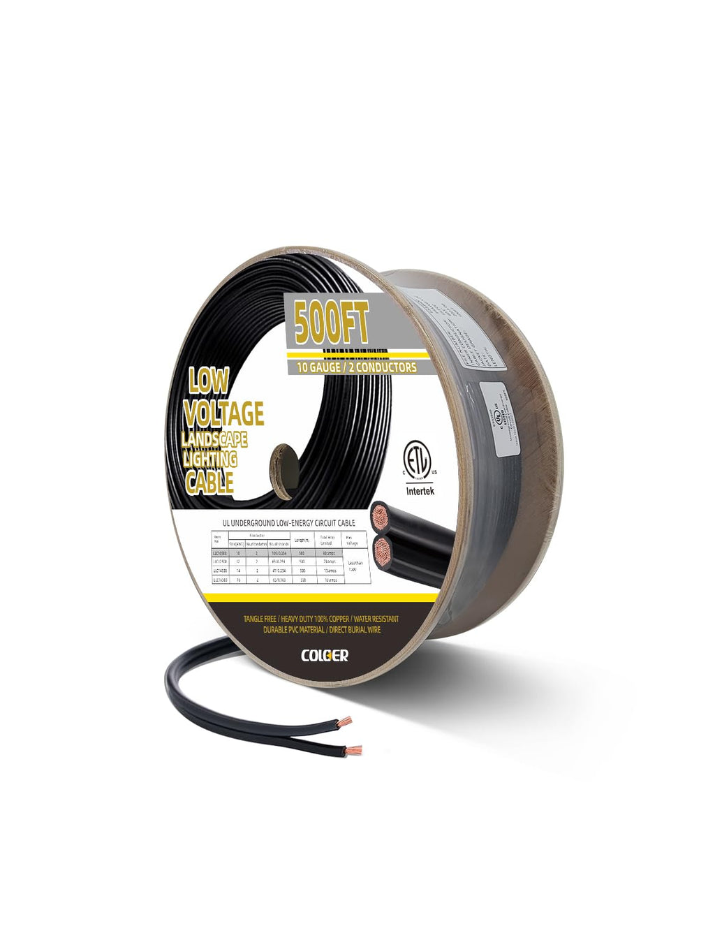 COLOER 500ft 10/2 Low Voltage Landscape Lights Wire Stranded PVC Cord Pure Copper Cable 10 Gauge 2 Conductor Tangle Free Outdoor Landscape Lighting Direct Burial Electrical Cable