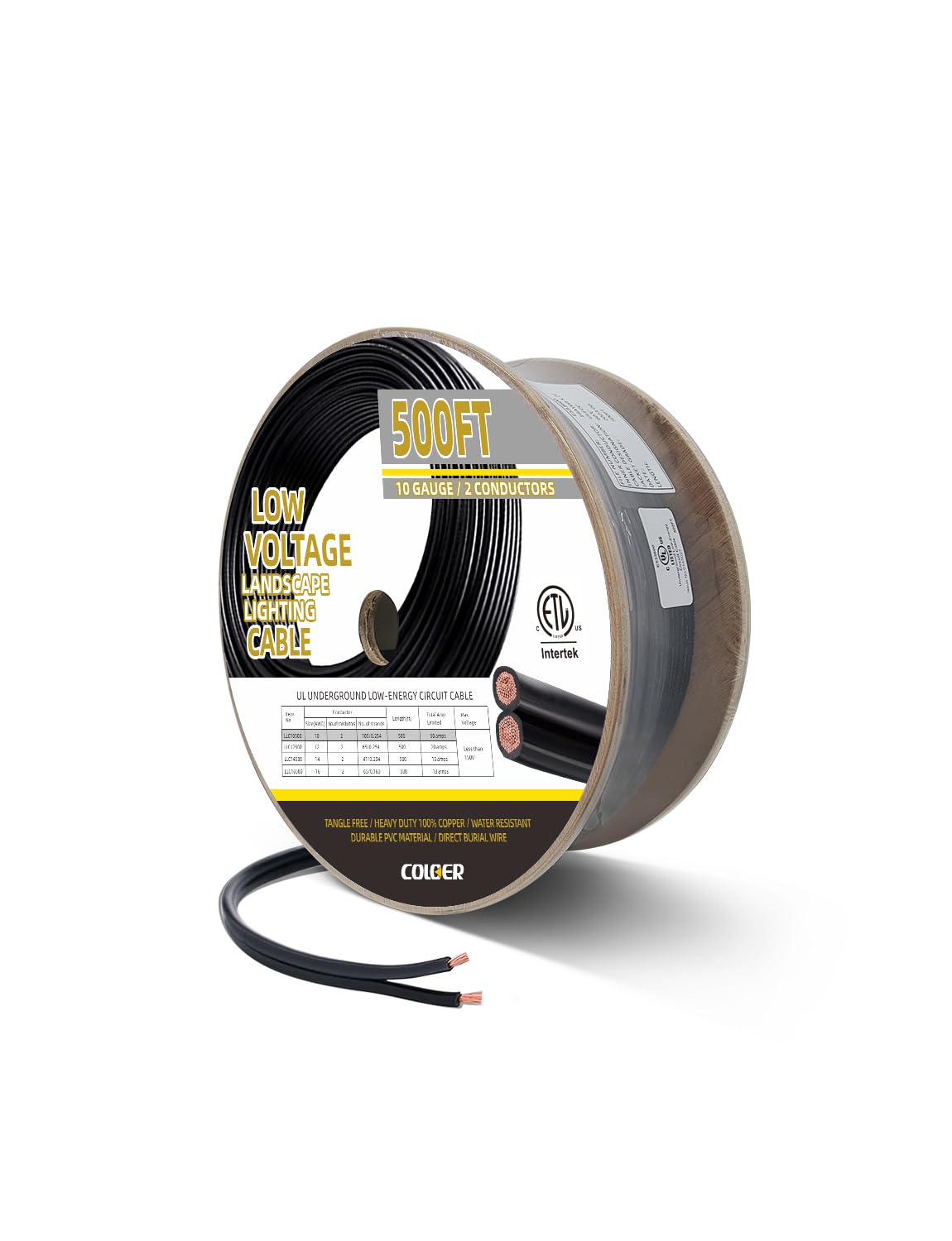 COLOER 500ft 10/2 Low Voltage Landscape Lights Wire Stranded PVC Cord Pure Copper Cable 10 Gauge 2 Conductor Tangle Free Outdoor Landscape Lighting Direct Burial Electrical Cable
