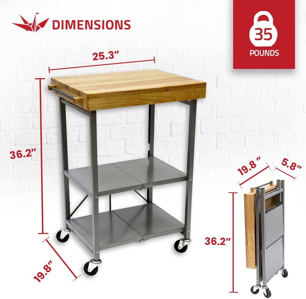 Origami Foldable Kitchen Island Cart, Rolling Storage Table Organizer with Wheels, Silver