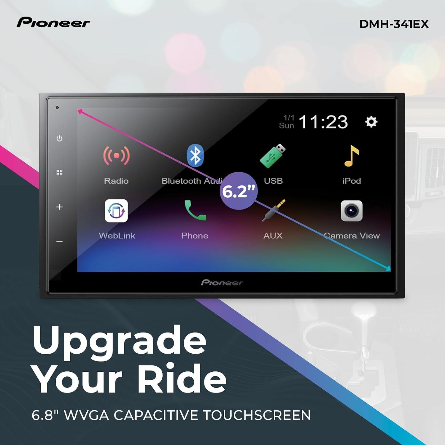 Pioneer DMH-341EX Double-DIN Digital Multimedia Receiver, with WebLink, Amazon Alexa Integration via The Pioneer Vozsis App, Bluetooth and Backup Camera Compatibility, 6.8' Touchscreen