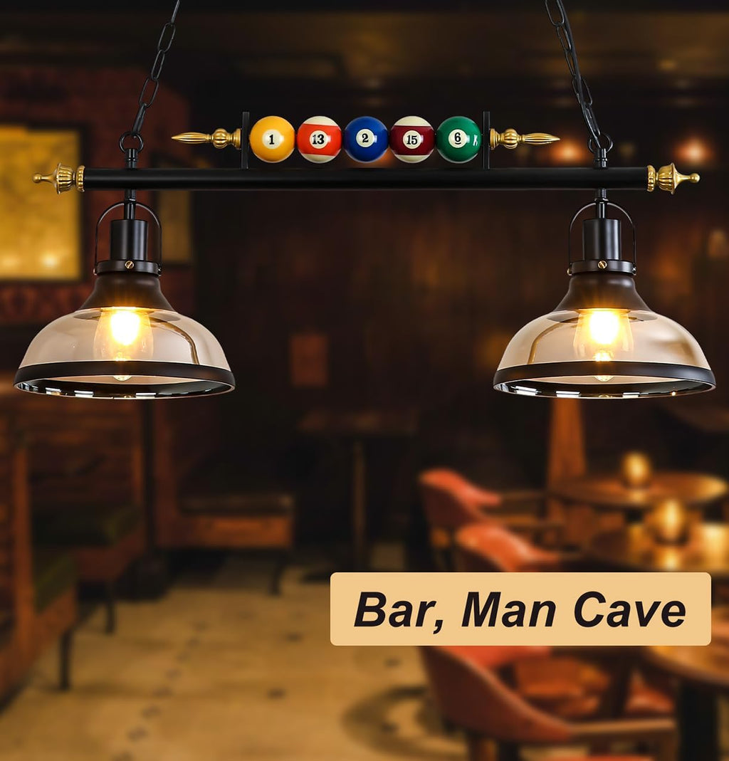 iMeshbean Pool Table Light, 2-Light Pool Table Lighting Fixtures Ceiling Lamp for Game Room Beer Bar Billiard Roon, Real Billiard Ball Design Billiard Pendant Lamp,2 Glass Shades